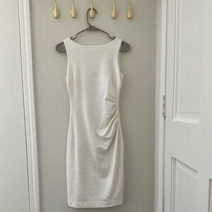 Cache Cream Ruched Sheath Midi Dress Bateau Neckline